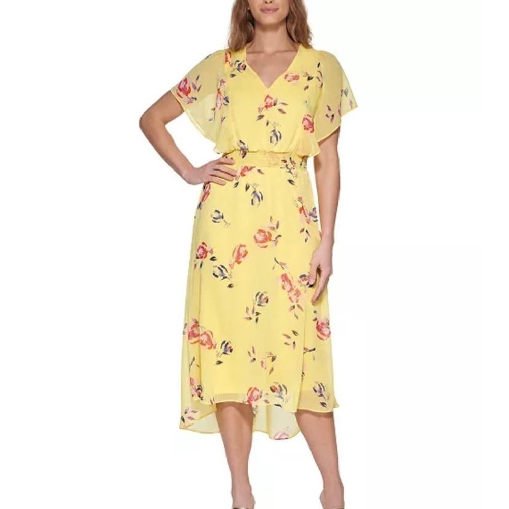 DKNY Floral Printed Flutter-Sleeve Fit & Flare Midi Dress, NWT, Size 8